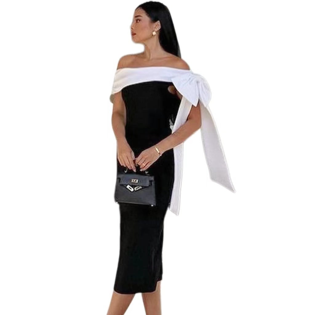 Off-shoulder Bow Black And White Color Elegant Dress