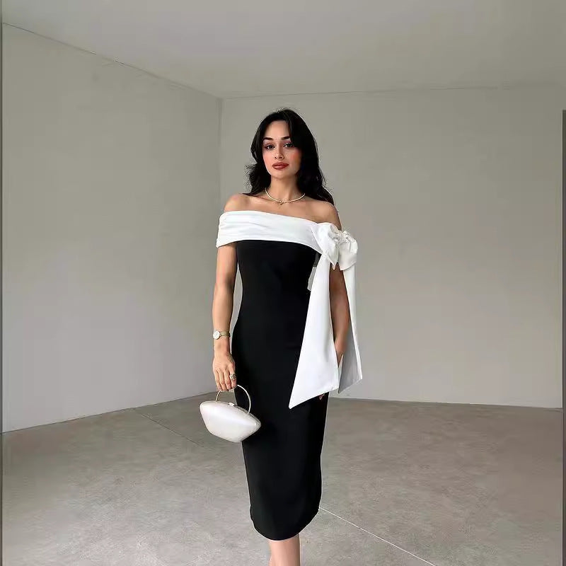 Off-shoulder Bow Black And White Color Elegant Dress